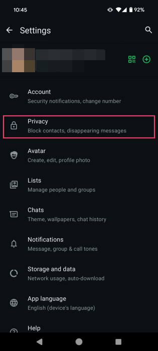 Selecting "Privacy" option in WhatsApp Settings on Android. 