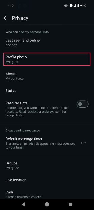 Tapping on "Profile photo" option in Privacy settings in WhatsApp.