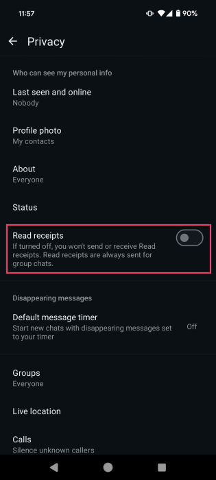 Turning off "Read receipts" feature in WhatsApp for Android.