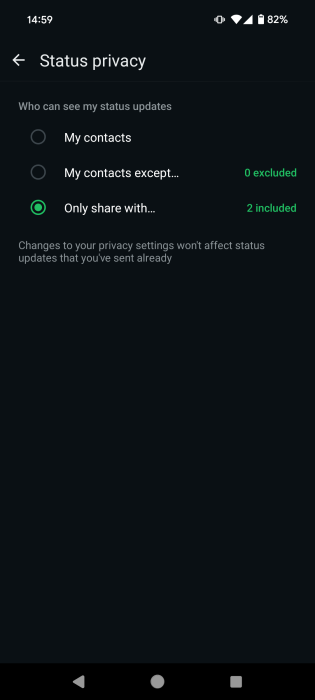 Visibility options for WhatsApp status in Android app.