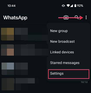 Selecting Settings option in WhatsApp on Android.
