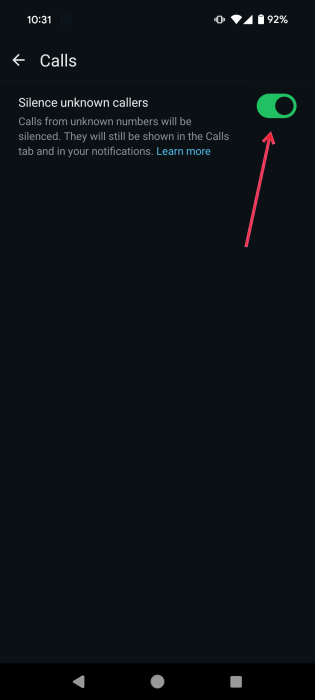 Enabling "Silence unknown callers" toggle in WhatsApp Privacy settings.
