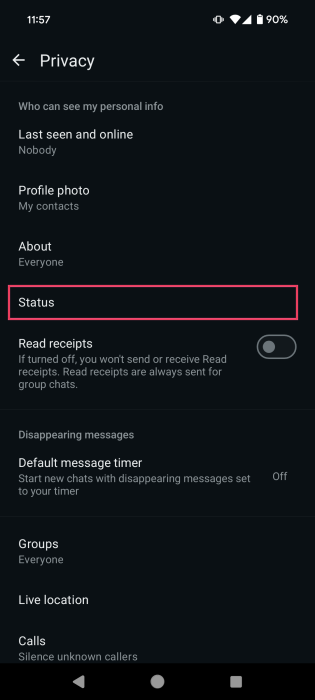 Selecting Status option in WhatsApp Privacy settings in Androidapp.