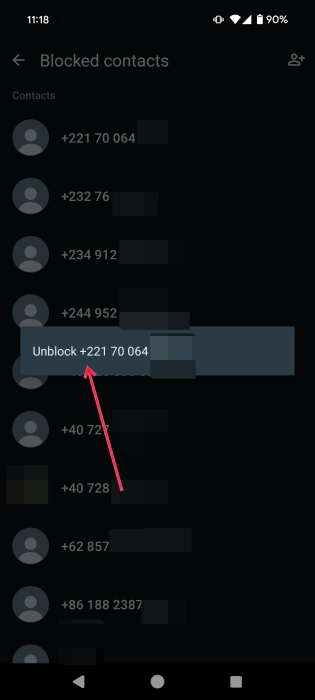 Unblocking number in WhatsApp on Android.