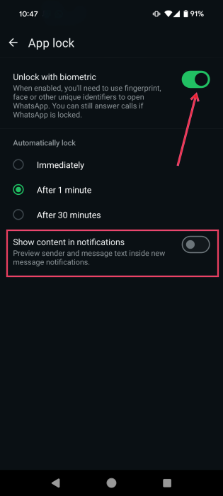 Turning on "Unlock with biometric" option in WhatsApp Settings on Android.