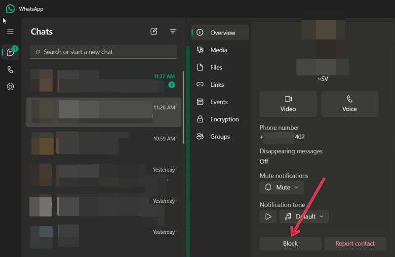 Blocking a contact in WhatsApp desktop client.