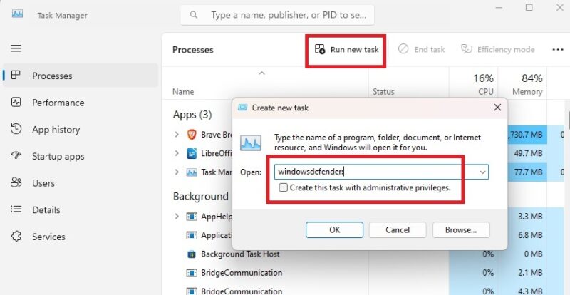 Force opening Windows Security through Task Manager.
