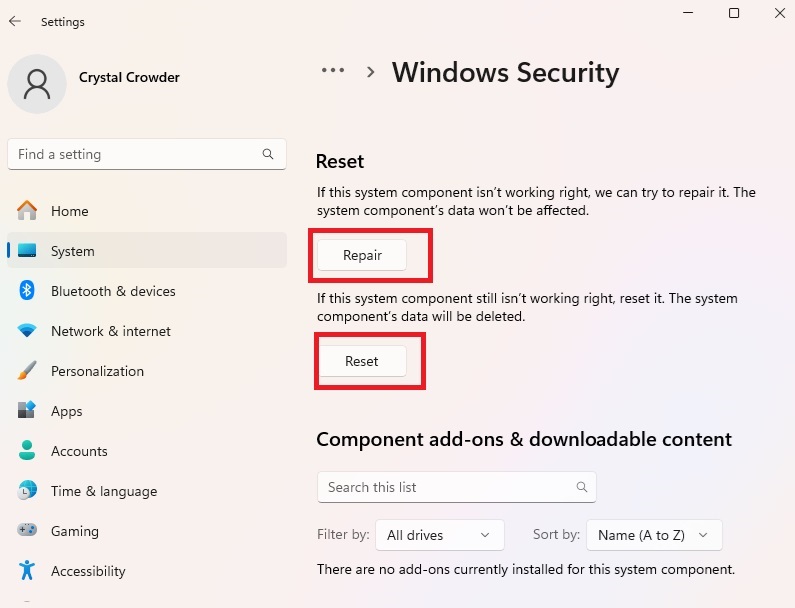 Repairing and resetting Windows Security.