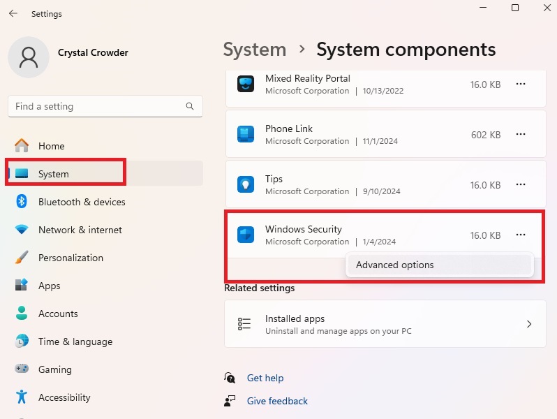 Opening Advanced Options for Windows Security in Settings.
