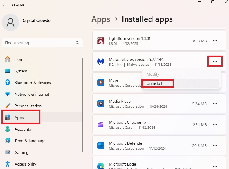 Uninstalling antivirus in Windows.