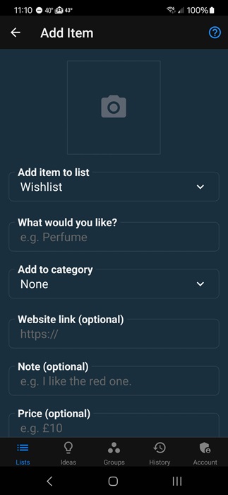 Adding a new item to my wishlist on Things to Get Me.