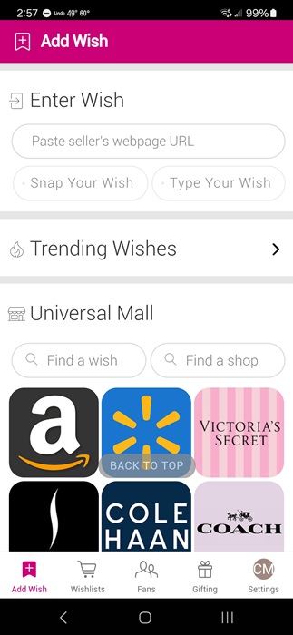 Adding wishes on Wishfinity.