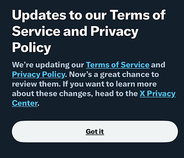 X Tos Changes Update Popup
