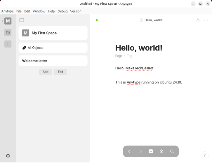 A screenshot showing the Anytype interface with a sample text document.