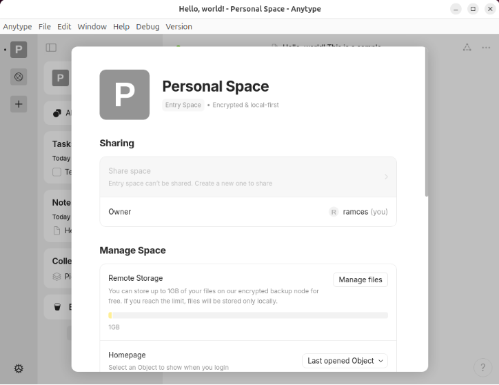 A screenshot showing the properties of an Anytype space.