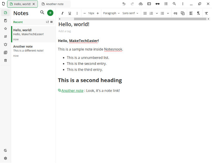 A screenshot showing the default landing page for Notesnook with a sample note.