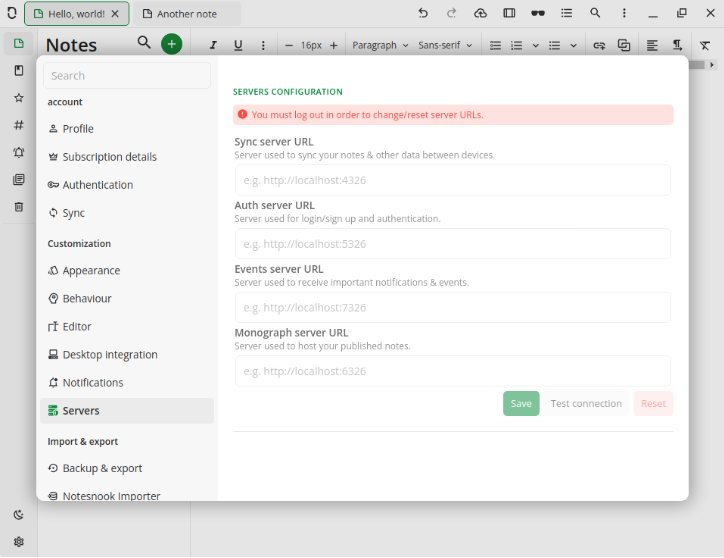 A screenshot showing the settings screen for configuring a local Notesnook server.