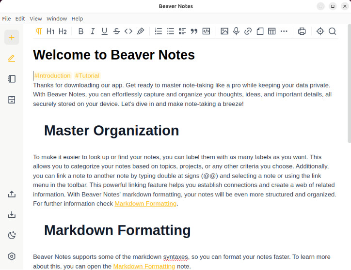 A screenshot showing the default landing screen for Beaver Notes.