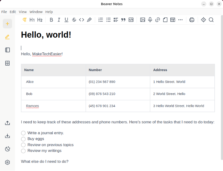 A screenshot showing a complex note inside Beaver Notes.