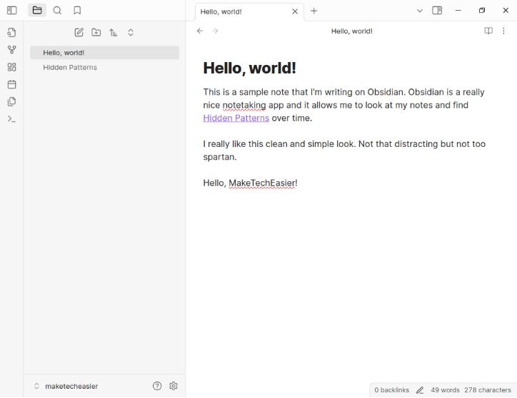A screenshot showing a sample note inside Obsidian.