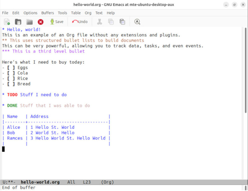 A screenshot showing a basic Org Mode document inside Emacs.