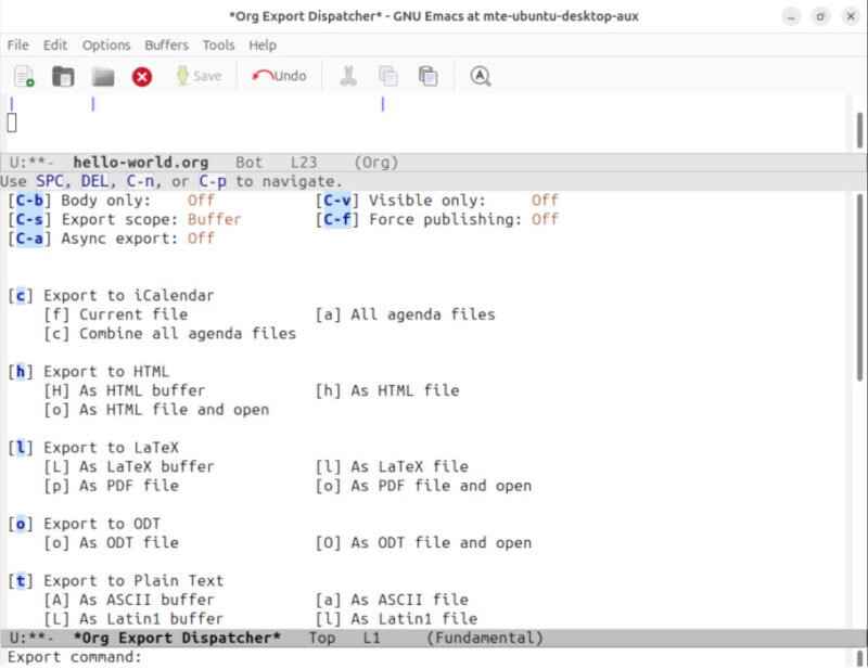 A screenshot showing the export options for an Org document.