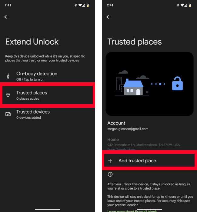 Android Identity Check Extend Add Trusted Place