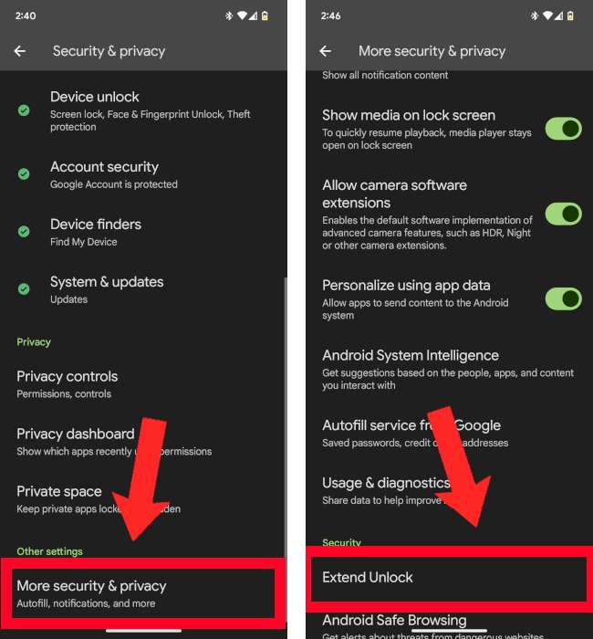 Android Identity Check Settings More Extend Unlock