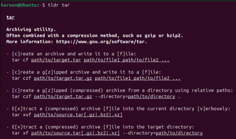 Displaying Tar Documentation With Tldr command line tool in Linux terminal.
