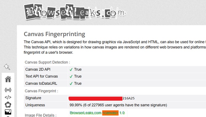 BrowserLeaks Signature tests measured and verified through Canvas Fingeprinting test.