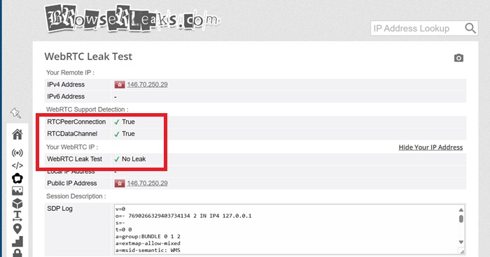 WebRTC leak test at BroweserLeaks reveals no WebRTC leakage.
