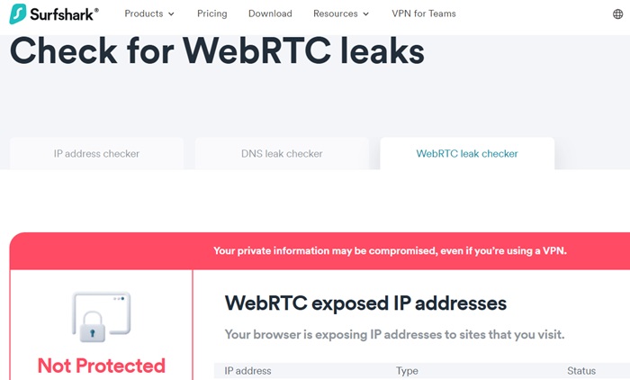 WebRTC exposed IP addresses status on Surfshark's WebRTC leak test.