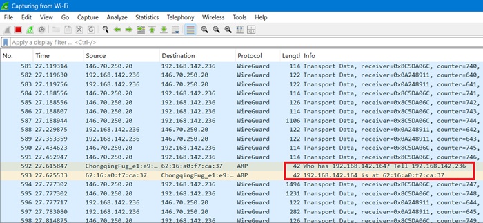 Abnormal ARP packets revealing original IP addresses in Wireshark.