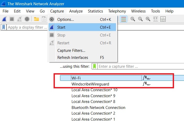 Using Wireshark in Windows to capture network data for Wi-Fi and a VPN using Capture -> Start.