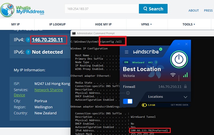 Testing IPv4 address through "ipconfig" in Windows Command Prompt, and cross-checking with WhatIsMyIPAddress