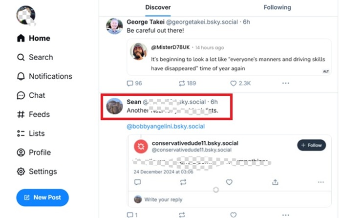 "Discover," the main feed on BlueSky, with equal importance for celebrities and ordinary BlueSky users.
