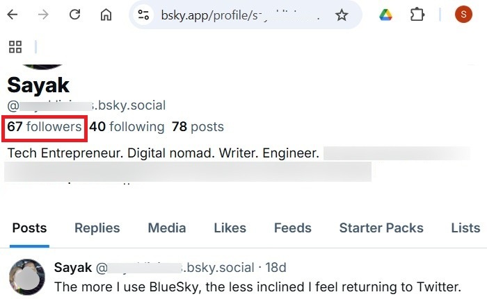 Viewing the number of followers on an ordinary BlueSky account.