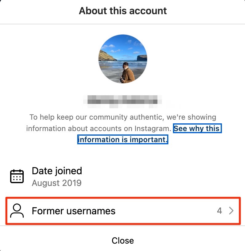 The About this account section on Instagram