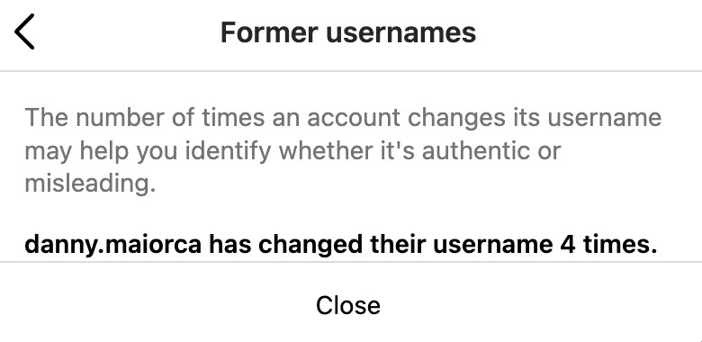 The history of a user's Instagram handle in the app