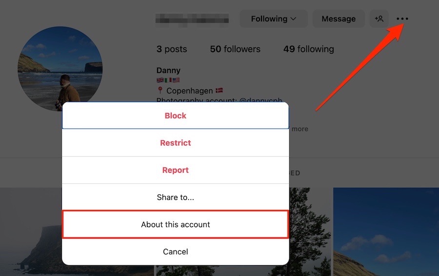 Click on the three-dot icon and About this account tab to find the username history for an account