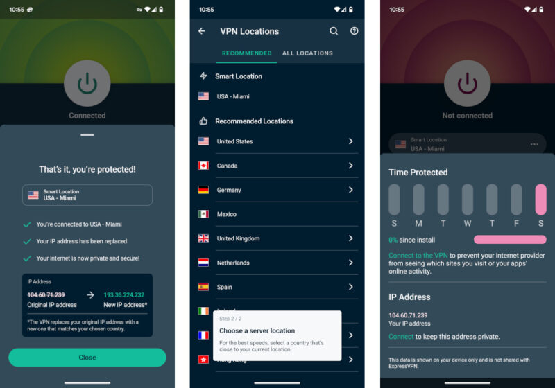 Screenshots of ExpressVPN on Android