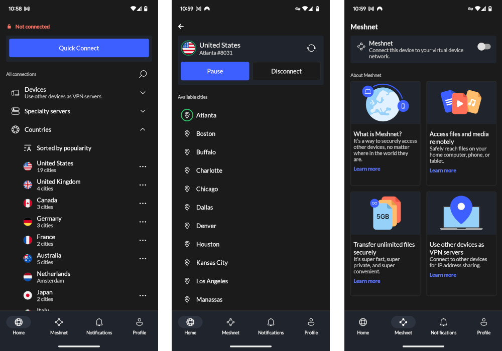 Screenshots of Nord VPN on Android Google Pixel Phone