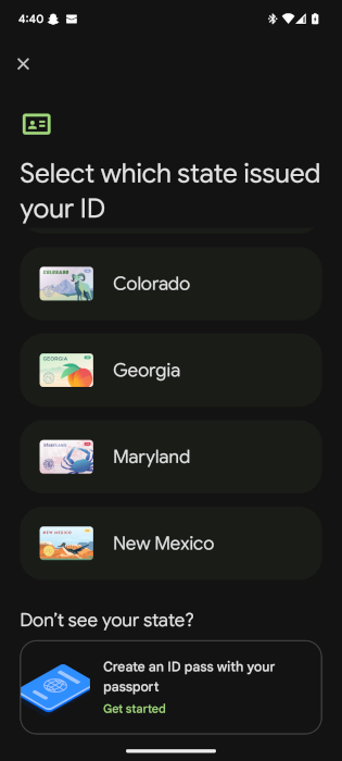 Choose Digital ID State Google Wallet