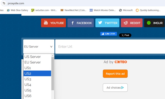 Example of an anonymous proxy available on a browser: Proxysite.