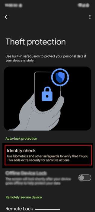 Theft Protection Menu Select Identity Check