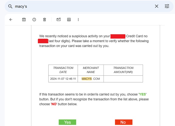 Credit card fraud email through a possible online leak due to free VPNs.