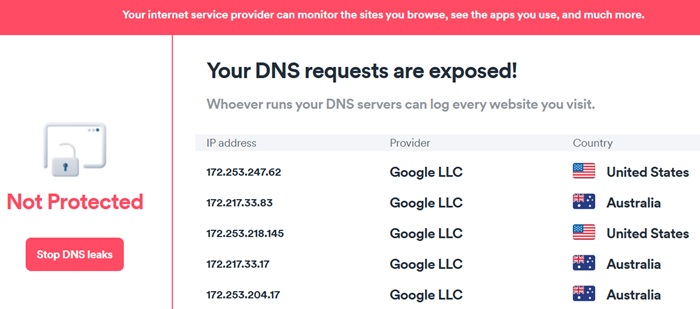 DNS requests exposed while using a top searched free VPN provider.