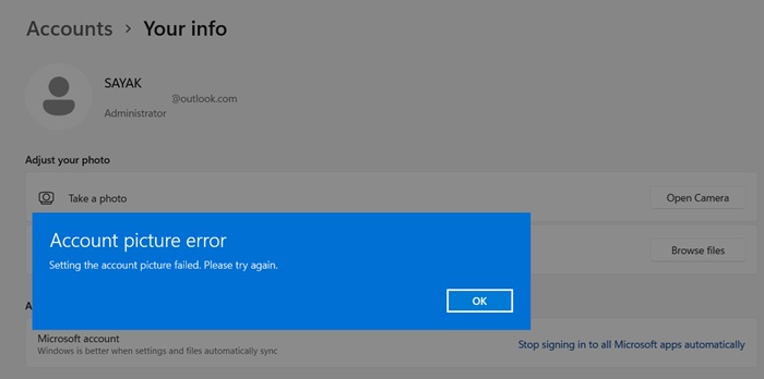 "Account Picture Error" displayed while trying to change UAC picture in Settings.