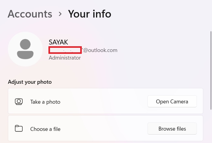 Take a photo or choose a file to change user icon picture for your Windows 11 account.