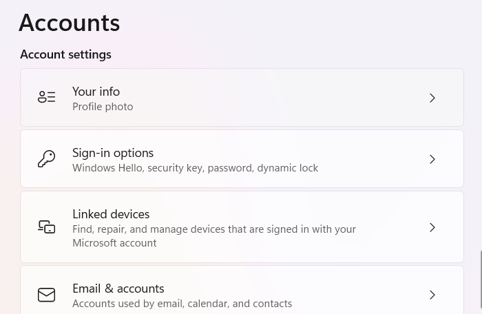 "Your info" under "Account Settings" in Windows 11.